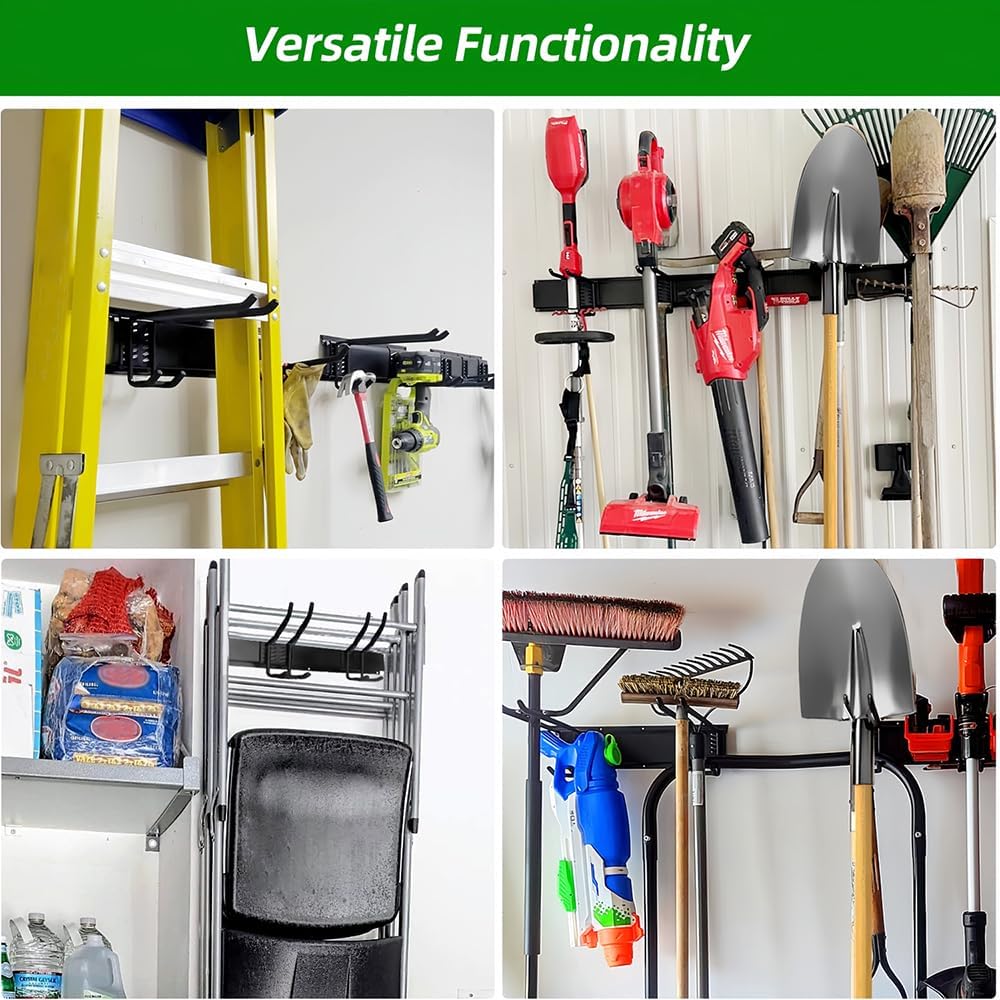 Garage Tool Organizer Wall Mount with 48 inches Rails and 6 Double-layer Hooks, Garden Tool Rack Heavy Duty, Garage Hanging Storage Rack For Yard Tools, Shovel, Shed
