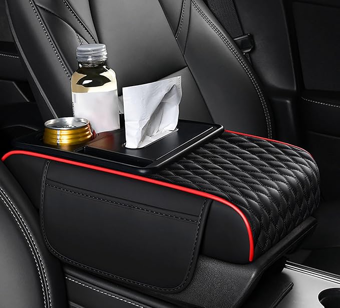 Car Armrest Center Console Cover for Lincoln MKX 2007–2018, Center Console Pad with Cup Holder, Multifunctional Armrest Cushion,A Black+Red