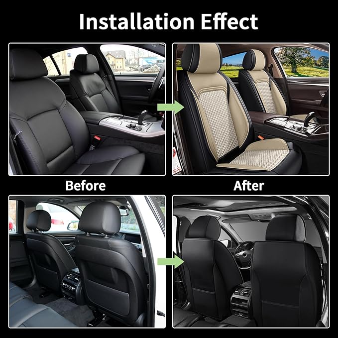 Car Seat Covers Front Seats for Acura TL 2004-2014, Breathable Cooling Ice Silk Leather Car Seat Covers, 2 Seats Vehicle Seat Protector Seat Cushion Auto Accessories (Black&Beige)
