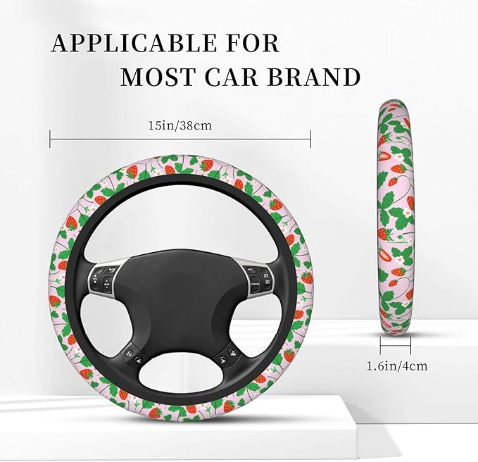 Strawberry Steering Wheel Cover for Women Elastic Rubber Steering Wheel Universal 15 Inch Fit for Cars, Auto, SUVs