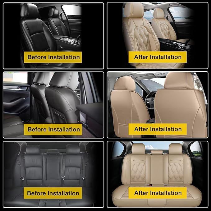 AOMSAZTO Car Seat Cover Full Set 5 Seats Fit for Subaru Forester 1998-2025 2026 Leather Car Seat Cushion Protector Compatible Airbag Waterproof Automotive Seat Covers Beige