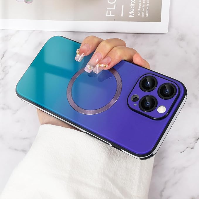 Guppy Compatible with iPhone 15 Pro Max Case Magnetic, with Full Camera Lens Protector [Compatible with MagSafe] Scratch Resistant Gradient Glass Back Cover Phone Case-Purple