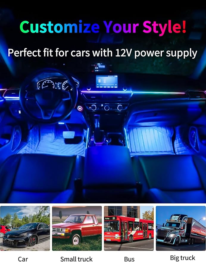 Interior Car Strip Lights Dreamcolor Acrylic Car Decorative Lights with Smart APP Control Multicolor Internal Lighting Kit Music&DIY Function Ambient Fiber Optic Strip LEDs (Muticolor 18 in 1)