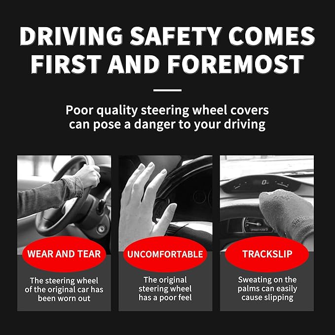 Car Steering Wheel Cover, 15 Inch Leather Breathable Anti-Slip Soft Steering Wheel Protector for Men and Women, Universal Car Accessories for SUV, Truck, RV (Black)