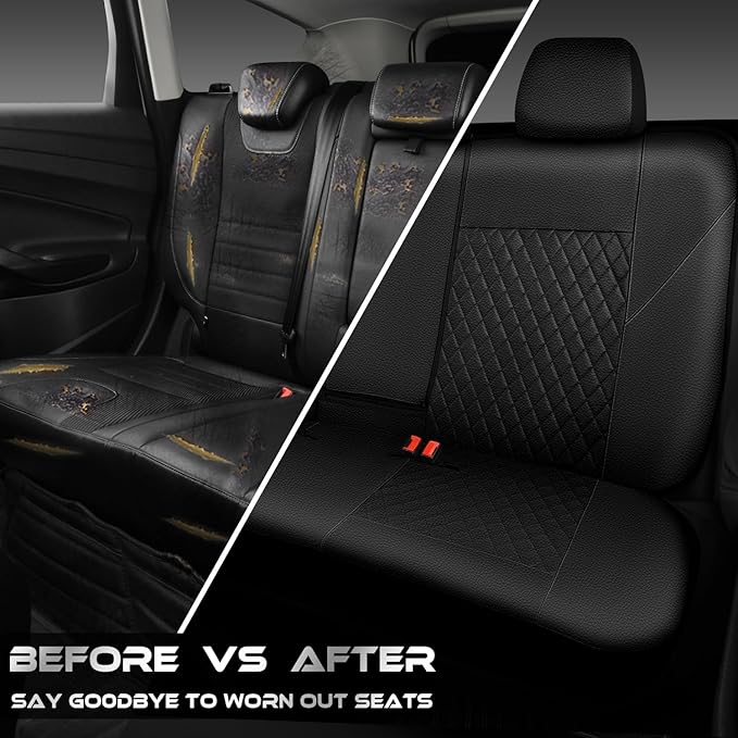 CAR PASS Faux Leather Back Seat Cover, Universal Quilting Waterproof Bench Rear Seat Cover Universal car seat Cover Fit 95% Automotive Interior Covers for Sedans SUVs Vans Small Trucks, All Black