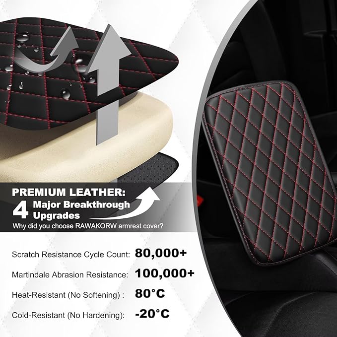 Upgraded Car Center Console Cover Fit for Corolla Faux Leather Car Armrest Cover Cushion with 2 Storage Bags,Car Armrest Storage Box Interior Accessories(Black&Redline)