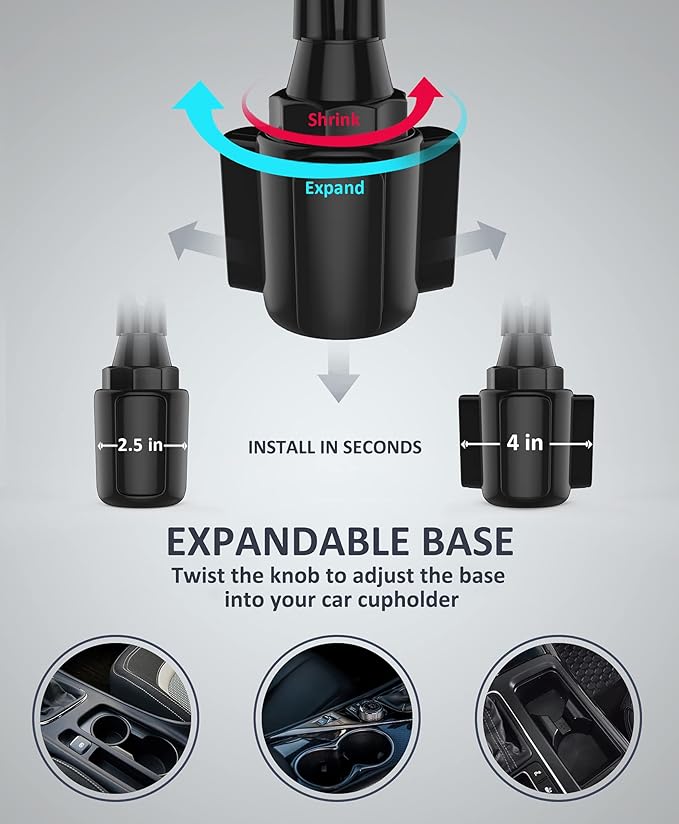 Dual Phone Holder for Car Cup Holder – Long Flexible Neck, 360° Rotatable Car Phone Mount - Adjustable Cell Cup Holder, Universal Size Fits 2 iPhone, Samsung, GPS and More (Cradle)