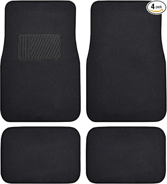 BDK Premium 4PC Set of Carpet Car Floor Mats with Vinyl Safety Heel Pad for Car, Truck, SUV, Coupe Sedan, Black (MT-100-BK)