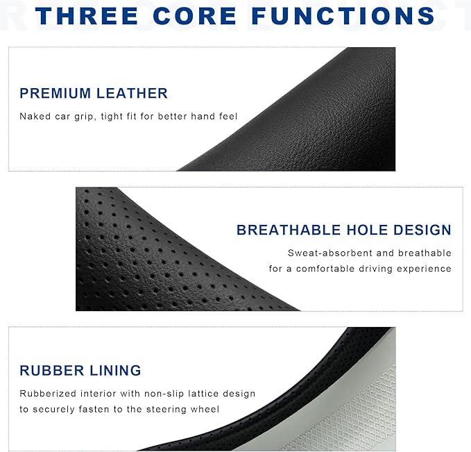 Car Steering Wheel Cover, Premium Leather Steering Wheel Sleeve with Anti-Slip Lining, Breathable Soft Auto Wheel Protector Interior Vehicle Accessories for Women Men