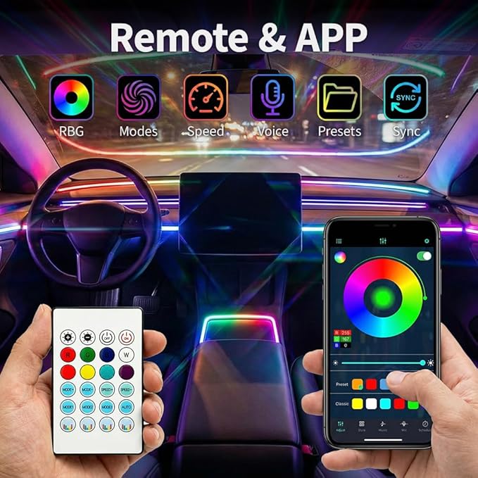Ambient Lighting Car Led Lights Interior Kit,10 in 1 RGB Music Sync Acrylic Led Lights for Car Interior,175 inches Fiber Optic Neon Accent Strip Night Ambiance Footwell Lighting with Wireless APP