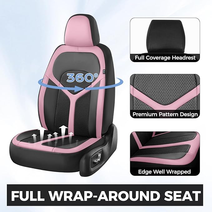 FLORICH Car Seat Covers Full Set, Universal Seat Cover 5 Seats, Automotive Seat Covers with Mesh Leather, Waterproof Car Seat Protector, Breathable Car Seat Cushion for Most Car SUV Truck, Pink