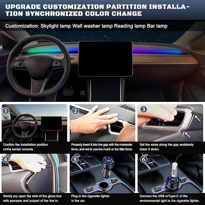 Dreamcolor Acrylic Interior Car LED Strip Light with USB/Type C/4-Port Cigarette Lighter, RGB 2 in 1 with 110.2 inches LEDs Ambient Lighting Kits, Sound Active Function Neon Led Strips for Car