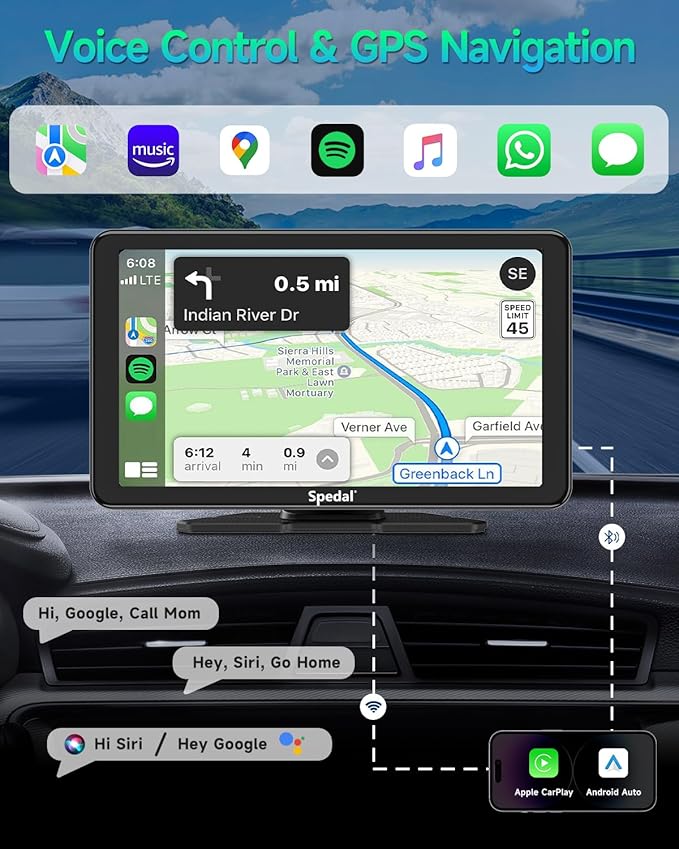 Portable Car Stereo with Wireless CarPlay and Android Auto, Spedal CL786 CarPlay Screen for Car, Portrait & Landscape 7" IPS Touchscreen, Mirror Link/Bluetooth/Navigation/Voice Control