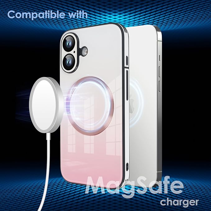 Guppy Compatible with iPhone 16 Plus Case Magnetic, with Full Camera Lens Protector [Compatible with MagSafe] Scratch Resistant Gradient Glass Back Cover Phone Case-Pink