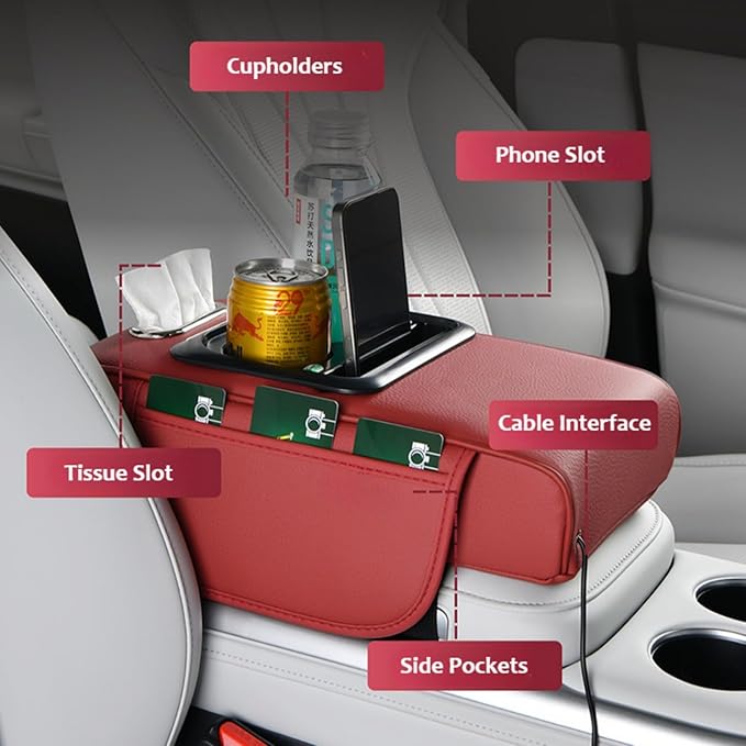 Armrest Box Pad for Car w/Type-C Charging Interface, Car Center Console Cover w/Cup Holder, Interior Car Accessories (Black)