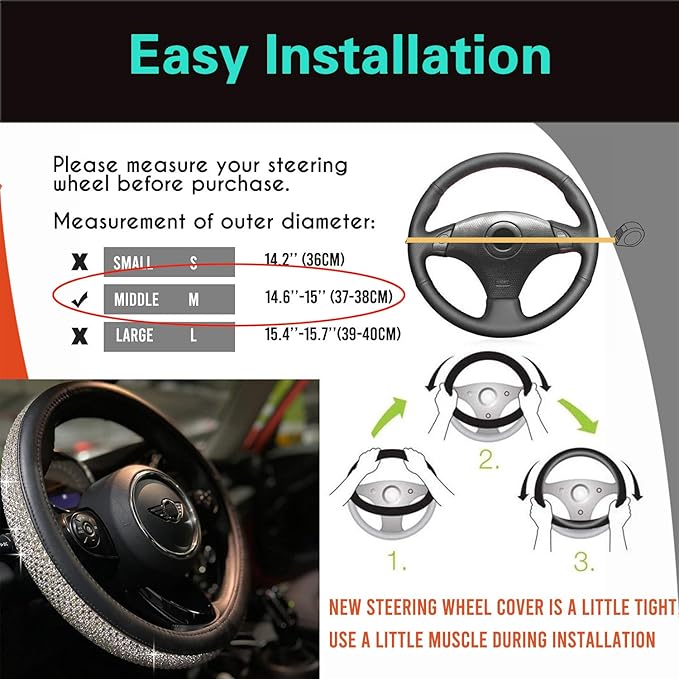 PINCTROT Bling Bling Comfy Steering Wheel Cover with Jumbo Crystal Rhinestones, Anti-Slip Diamond Leather, Universal 15 Inch (Colorful)