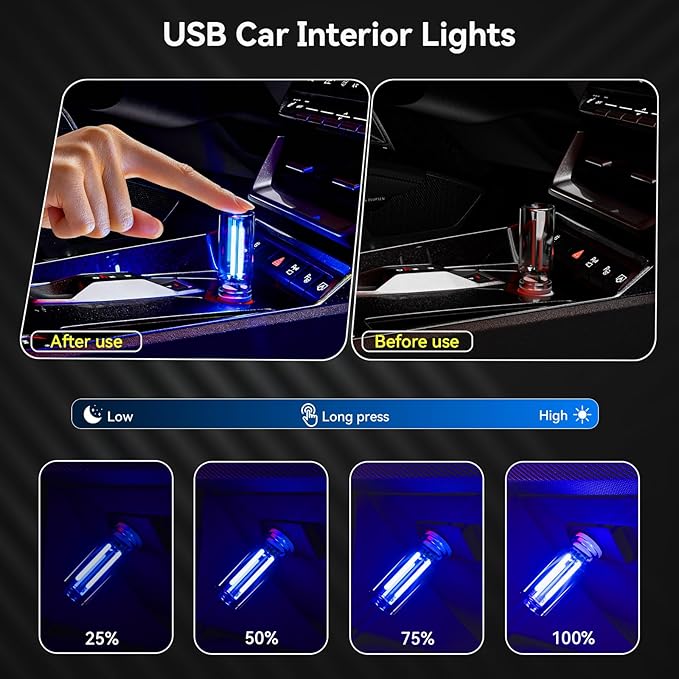 4 PCS USB Night Light, Touch Dimmable Mini USB LED Car Interior Ambient Lights, Portable Plug-in Glass Bottle Night Lamp for Car, Tent, Desk, Bedside(4 Blue)