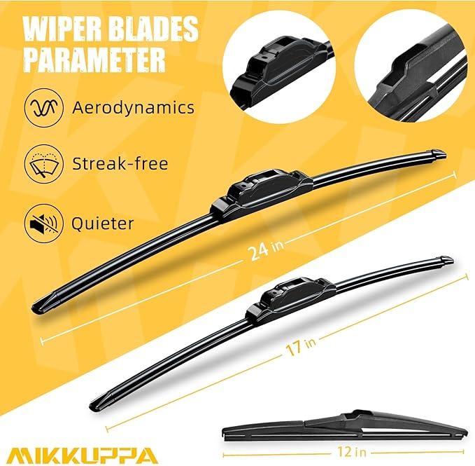 MIKKUPPA 24"+17"+12" Windshield Wiper Blades Replacement for 2014-2020 Mitsubishi Mirage, 2017-2018 Mirage G4, Front & Rear Wiper Blades, Durable Stable Quiet All Season (Pack of 3)
