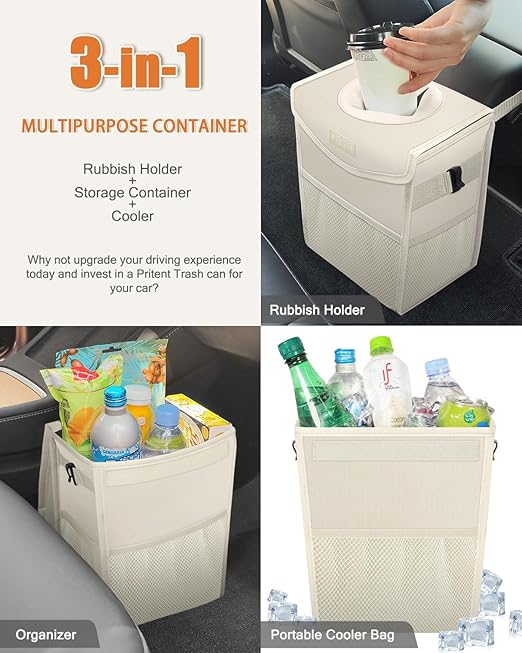 Pritent Car Trash Can with Lid, Cute Leakproof Car Trash Garbage Bag Hanging Vehicle Trash Bin Small Portable Automotive Garbage Cans Organizer for Back/Front Seat/Console(2.8 Gallons,Beige