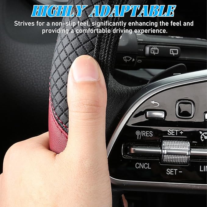 Car Steering Wheel Cover, Elastic Stretch Leather Non-Slip Vehicle Steering Wheel Guard, Automotive Interior Protective Decor Accessories, Universal for SUV RV Truck (Black/Red)