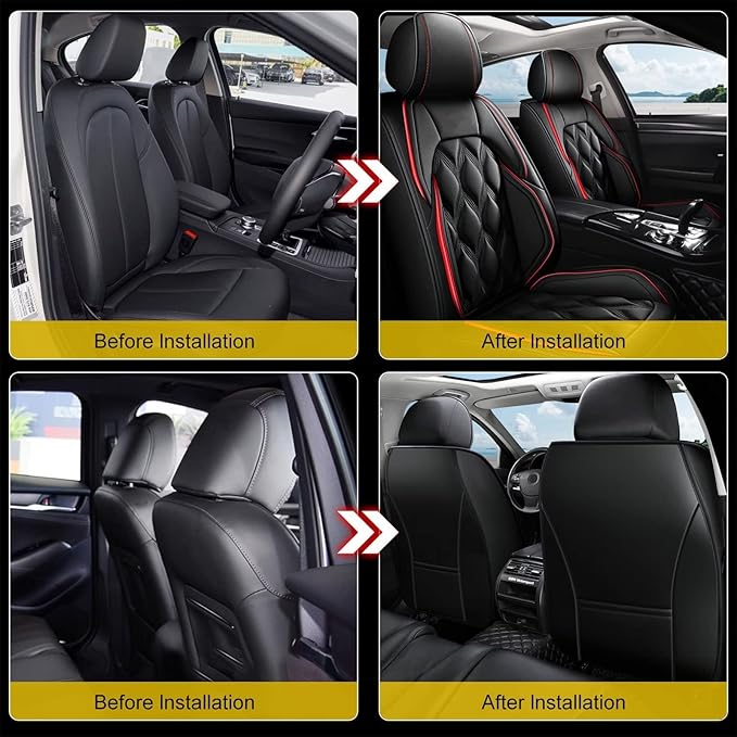 AOMSAZTO Front Seat Covers Fit for Volkswagen Taos 2022-2026 Waterproof Faux Leather Car Seat Cover Compatible with Airbag(2PCS Front, Black&Redline)