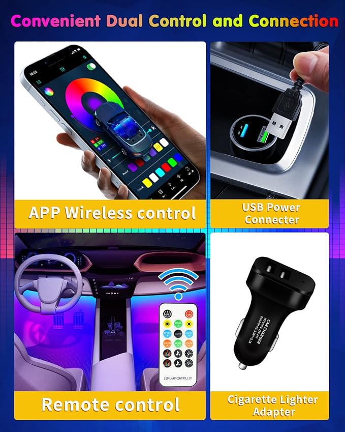 RGB Interior Car Strip Lights with Smart APP Control, Music Sync Under Dash Footwell Neon Internal Lighting Kit 2 Lines Design,12V LED Strip Lights for Cars, Trucks, SUVs with Car Charger(1 Set)