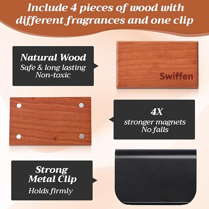 4 Pcs 4 Scents Car Wood Air Freshener Set Wood Fragrance Automotive Odor Eliminator for Visor Clip Vehicle Scent Diffuser with Amber Pine Tectona Grandis Grove Scent Refill, Clip Included