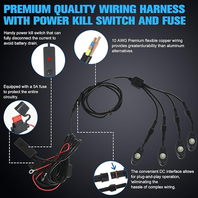 12pods White Rock Lights Dc 12v 6000k Aluminum Alloy Pure White Led Rock Lights with Switch Wiring Harness Kit Ip68 Waterproof for Trucks Pickup Off-Road Cars SUV Utv ATV Rv RZR Underglow Lights