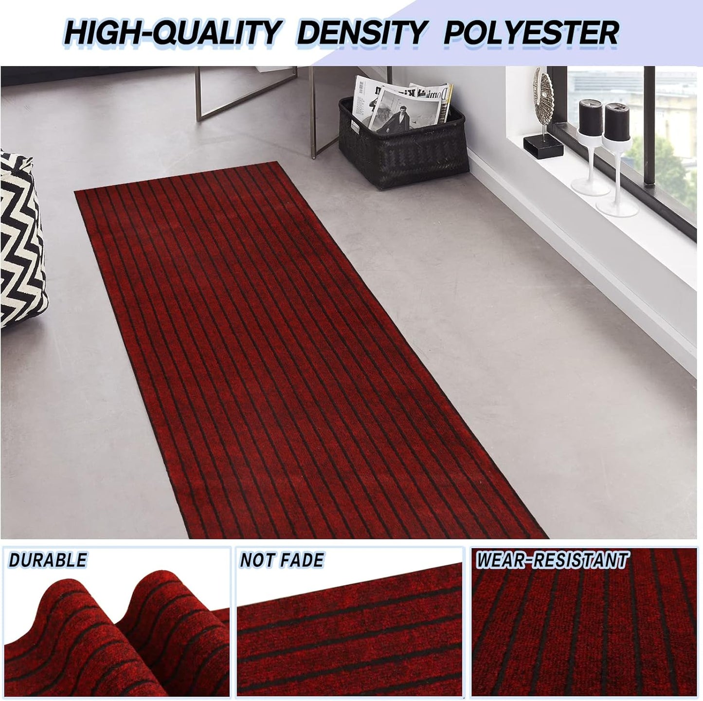 Custom Size Backed Non-Slip Area Rugs Runner, Easy Clean, Waterproof Runner Rugs for Hallway Entryway, Kitchen, Laundry, 4FT x 23FT, Red Stripe