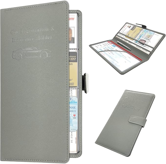 RSAquar Car Registration & Insurance Holder - Leather Glove Box Organizer, Cool Accessories for ID, Driver's License Cards & Essential Documents, Men & Women, Gray