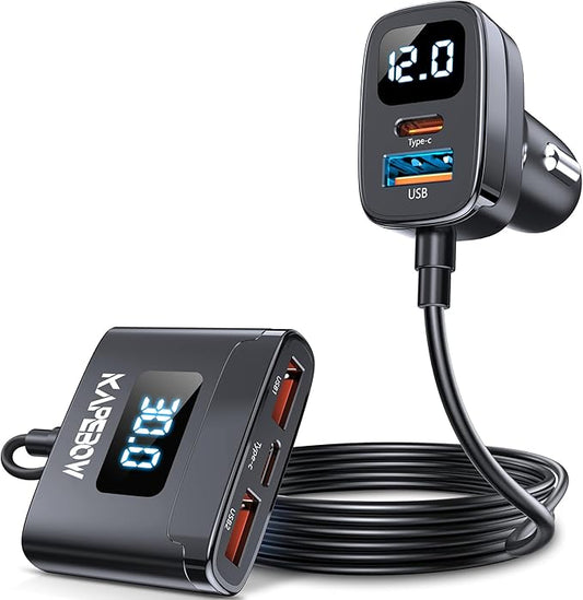 kapebow 78W Fast Charging USB C Car Charger, 5 Port Car Phone Charger with Voltage Display, 5FT Extention PD&QC 3.0 Type C Car Charger for Back Seat for iPhone iPad Samsung Pixel Phones