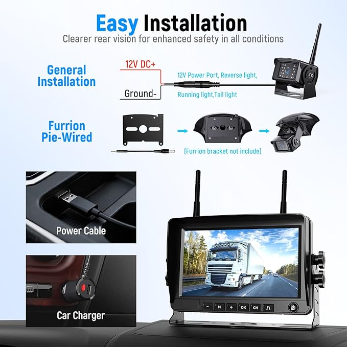 Wireless Backup Camera for Truck 7'' 1080P HD Monitor with DVR, BSD Alert RV Backup Camera System 18 LED IR Night Vision Reverse Camera Support 4 Cameras Rear View Camera for Car,Trailers, 5th Wheels