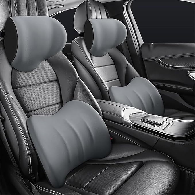 Car Headrest & Lumbar Support Cushion for Dodge Ram 1500 2019-2025, Ergonomic Car Seat Headrest Memory Foam Neck and Back Pillow Kit Breathable Removable for Driving Fatigue Relief,B/Gray