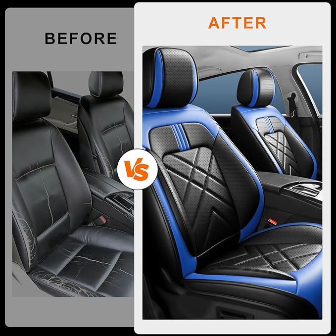 CX-7 Car Seat Covers Fit for Mazda CX-7 2007-2012, Full Coverage Premium Leather Waterproof Breathable Seat Covers, Automotive Seat Protectors, Airbag Compatible(2 Front Seats, Black-Blue)