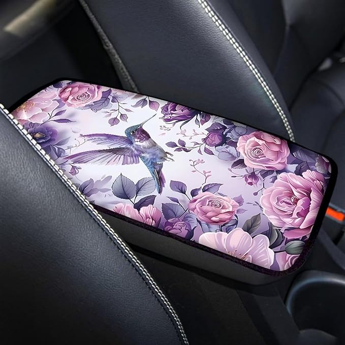 Suobstales Hummingbird Rose Flower Print Car Armrest Pad Soft Center Console Arm Rest Protector Cover Universal Car Interior Accessories Decoration