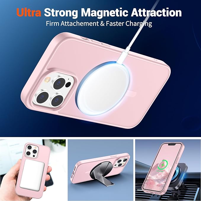 SUPFINE Magnetic for iPhone 13 Pro Case with Screen Protector (Compatible with MagSafe) (Military Grade Drop Protection) Translucent Matte Shockproof Phone Cover,Light Pink