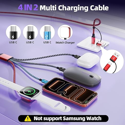 Travel Essentials 4in2 Multi Charging Cable for iPhone Watch Charger,USB A/C to 3 Type C/iWatch Charger,Charging Cables for Multiple Devices Compatible with iWatch 11-1/Ultra/SE&iPhone 17-12 5FT