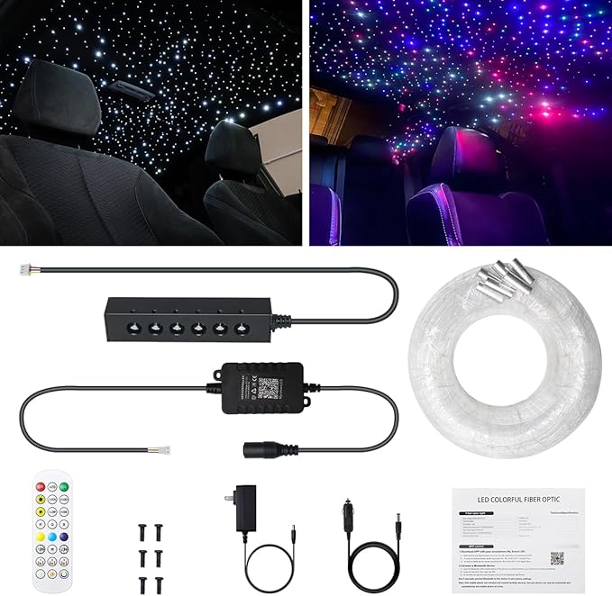 AZIMOM 6LED Colorful Fiber Optic Starlight Headliner Kits 180pcs*0.03in*6.5ft Fiber Strands APP& Remote Control Mix Color Chase Timing Fiber Optic Star Light for Car Home Sky Star Decoration