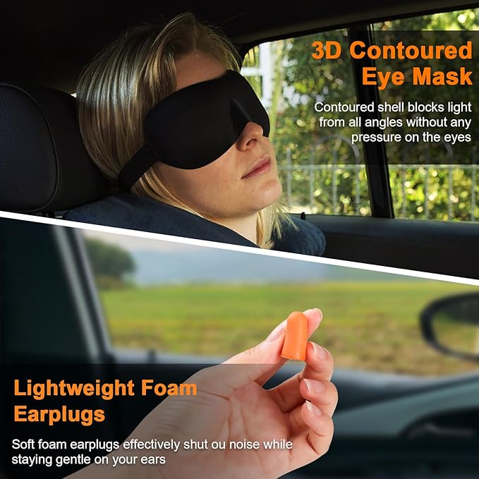 Travel Pillow - Hooded Neck Pillow Airplane Memory Foam Filling for Plane, Office, Cars Sleeping, Road Trip, Long Flights, Airplane Travel Essentials, Includes Eye Mask & Earplugs (Full Blue)