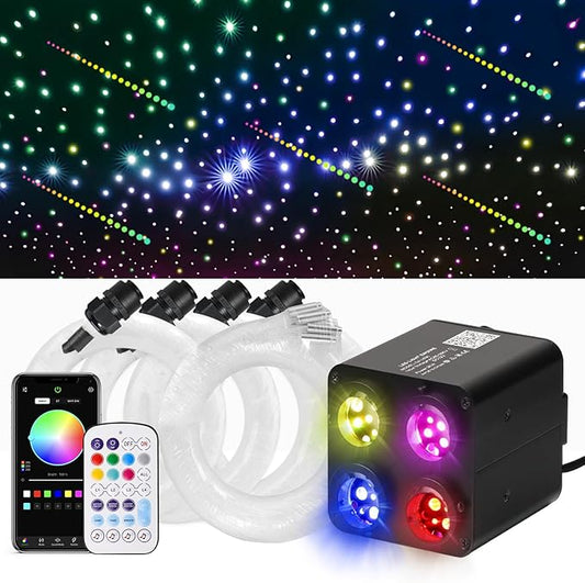 36W 4-Color Twinkle&RGBW Meteor Starlight Headliner Kit, 2-in-1 Fiber Optic Light Engine with APP Control, 800pcs0.03in9.8ft Shooting Star Ceiling Lights, Sound-Activated Star Sky Decor for Car&Home