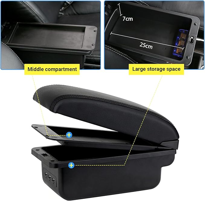 AULPHIKE Compatible with Nissan NV200 Armrest Car Center Console Organizer Armrests Double Layer Storage with 3 USB（Black）