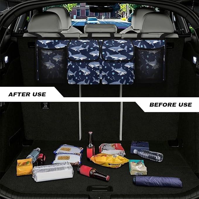 Shark Car Trunk Organizer Storage - Collapsible Pocket Automotive Expandable Sturdy Straps Folding Cargo Store for Auto Backseat