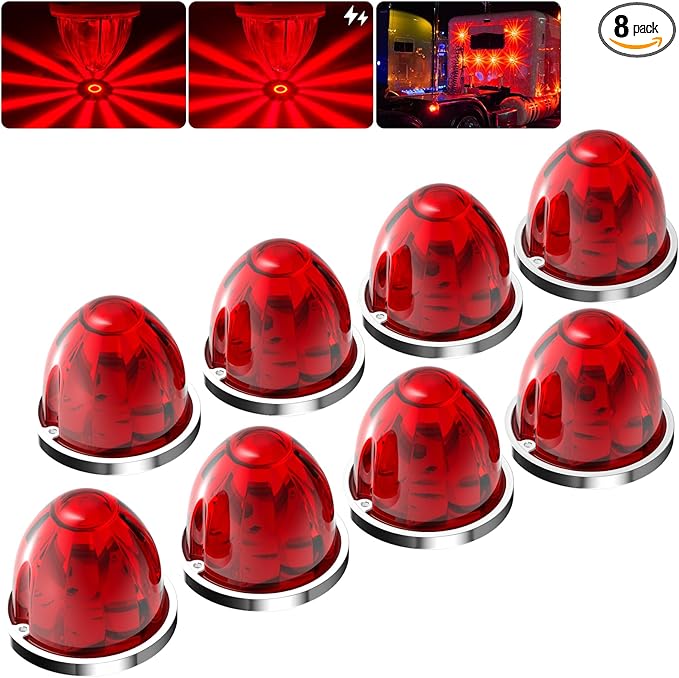 BJZ 8Pcs Red Watermelon LED Strobe+Constant Marker Lights Dual Function Watermelon-Shaped Side Marker Clearance Tail Top Cap Roof Lights for Trailer Truck Semi-Trailer Heavy-Duty Truck Bus Van