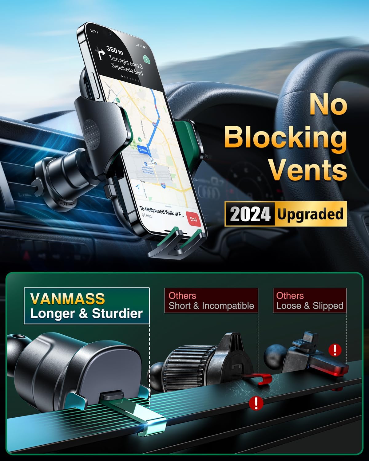 VANMASS [True Military-Grade] Car Phone Holder [Strongest Suction & Clip] Cell Phone Mount for Dashboard Windshield Vent Truck Accessories Cradle Dash Stand for iPhone 15 14 13 12 Android,Green