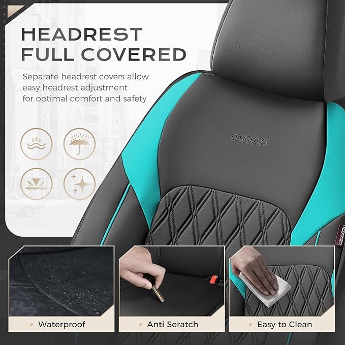 Coverado Seat Covers Full Set, Faux Leather Car Seat Covers for Cars, Waterproof Car Seat Cover, Universal Seat Covers, Car Seat Protector Car Seat Cushion Universal Fit Most Cars Trucks, Black&Blue