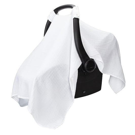 Comfy Cubs Baby Car Seat Cover - Soft, Breathable Bamboo Rayon and Muslin Cotton Blend - Lightweight Canopy for Sun, Bug, and Comfort Protection - Large Size Infant Seat Cover in White Design