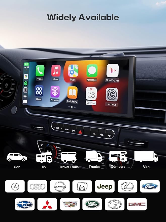 INNOVV V2 10.3 Inch Wireless CarPlay & Android Auto HD IPS Touch Screen 1920x720, Universal Fit, Plug and Play, Mirror Link, GPS, Loop Recording, Siri & Google Assistant, Adjustable Magic Stand
