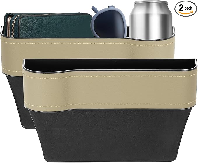 HARFINGTON 2pcs Car Seat Gap Filler Organizer 10.2 x 6.5 x 3.1 Inch ABS+Leather Universal Car Organizer Storage Box Between Seat and Console (Left+Right) with Cup Holders for Phone, Beige