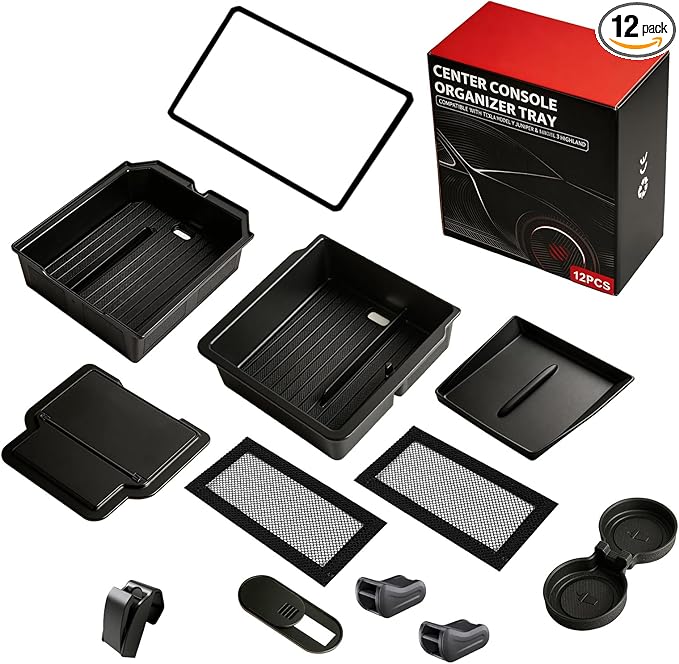 Center Console Organizer Tray for Tesla Model Y Juniper Accessories 2026 and Model 3 Highland Accessories 2024 2025 2026 for Tesla Accessories Cup Holder Matte Black (12PCS-My Juniper 2026+)