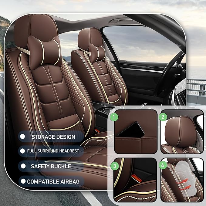 Leather Car Seat Covers Fit for Toyota Corolla Cross 2022-2024, 5 Seater Car Seat Cover, Premium Waterproof, Scratch Resistant Car Interior Accessories (Full Set with Pillow Coffee)